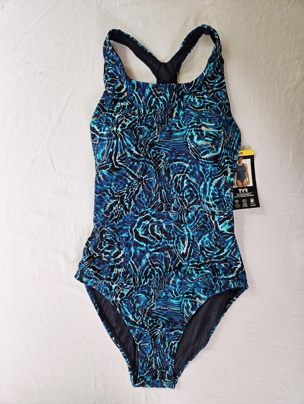 TYR Women's One-Piece Swimsuit in Blue Teal Pattern with Gold Accents NWT Small